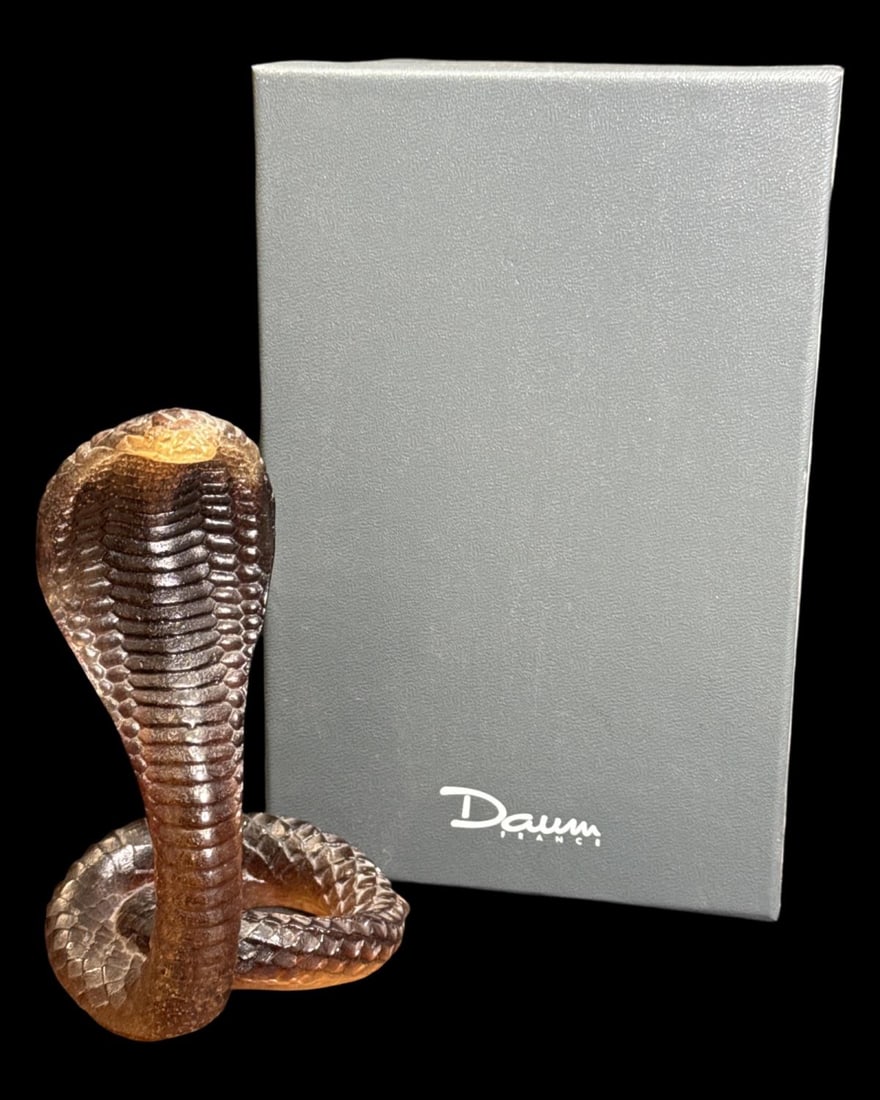 Signed Daum Pate De Verre Art Glass Striking Cobra Figurine with Original Box: Signed Daum Pate De Verre Art Glass Striking Cobra Figurine with Original Box measures H: 5 1/2" x W: 3 1/4"