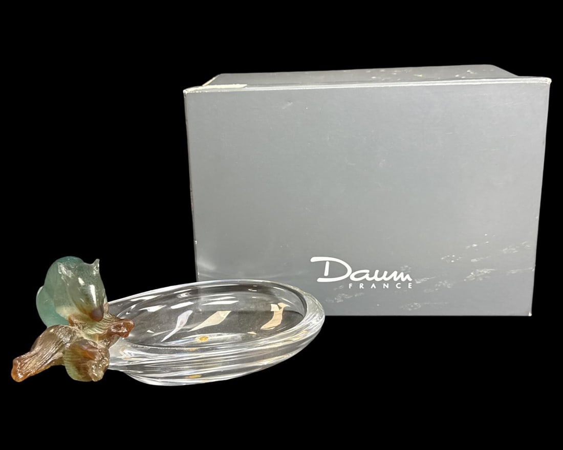 Signed Daum Pate De Verre Art Glass Mouse & Clear Crystal Trinket Dish with Original Box (1 of 4)