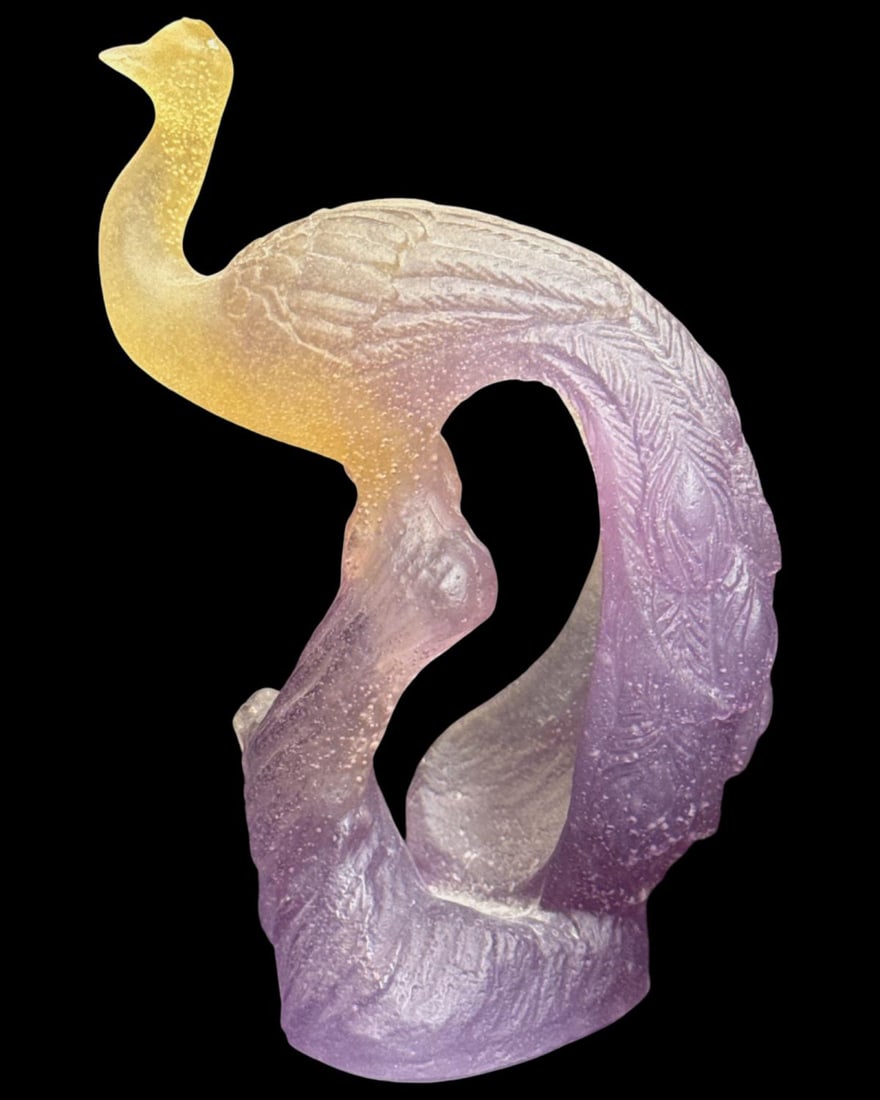 Signed Daum Pate De Verre Art Glass Peacock Figurine: Signed Daum Pate De Verre Art Glass Peacock Figurine measures H: 4 3/4" x W: 2 3/4". Missing a piece on the head, sold as is