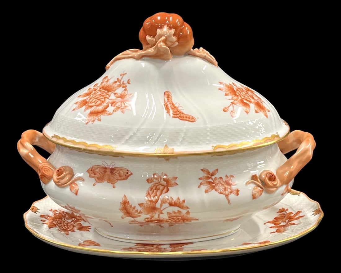 Herend Hungary Porcelain Chinese Bouquet Rust Covered Tureen & Tray (1 of 4)