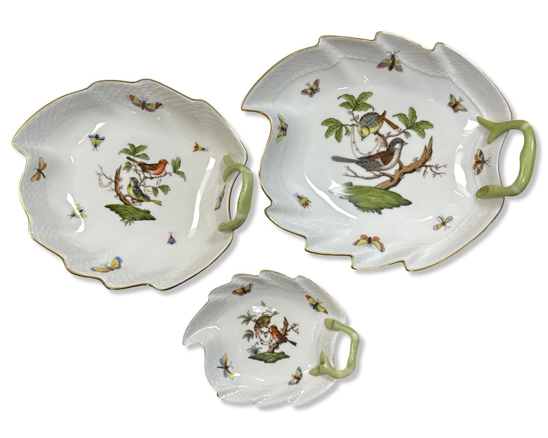 Lot of Three Herend Hungary Hand Painted Porcelain Rothschild Bird Leaf Dishes (1 of 2)