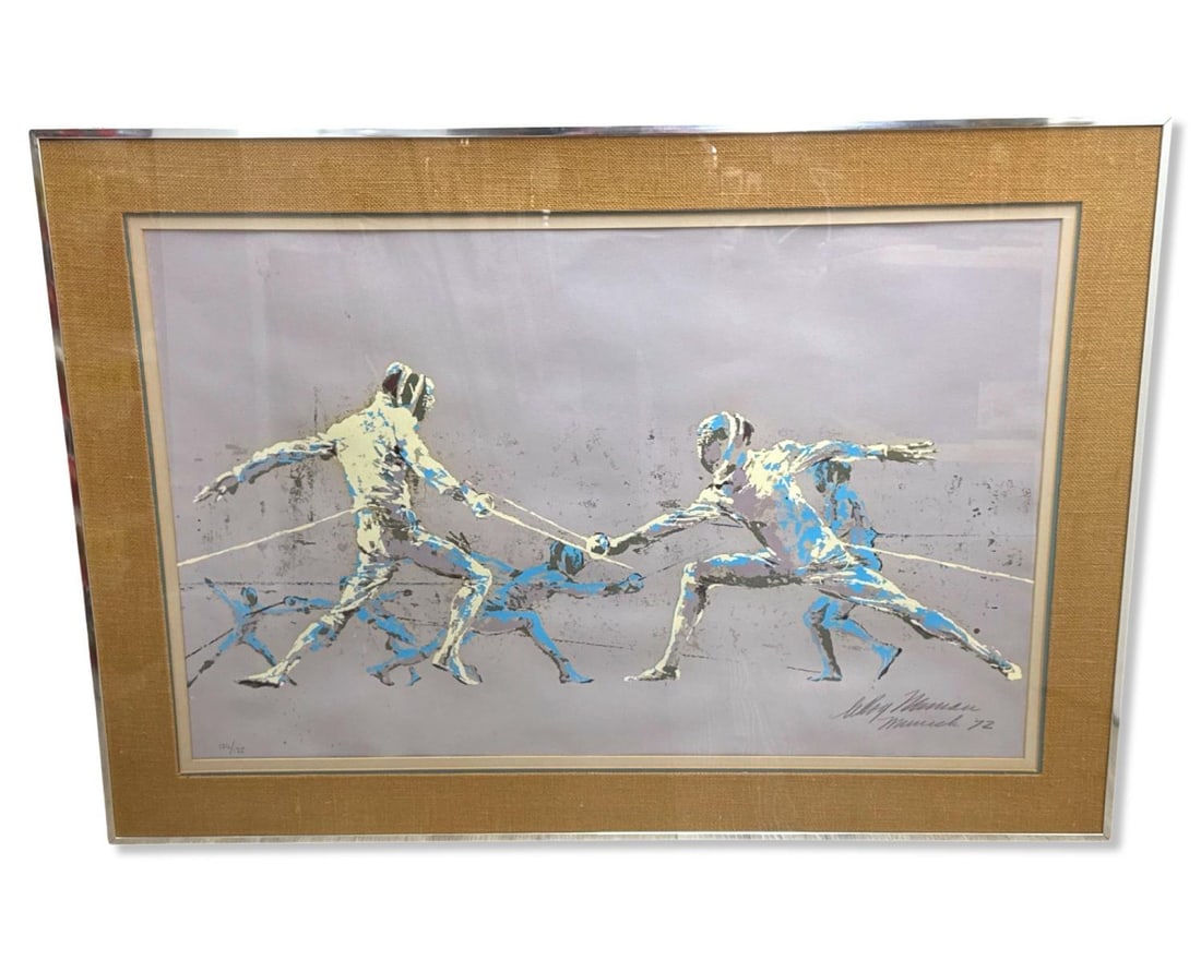 Signed Leroy Neiman (American, 1921-2012) Olympic Fencers '72 Lithograph in Color: Signed Leroy Neiman (American, 1921-2012) Olympic Fencers '72 Lithograph in Color. Signed lower right and numbered 126/475, measures H: 23 3/4" x W: 37 1/2", 4 1/4" frame & matte