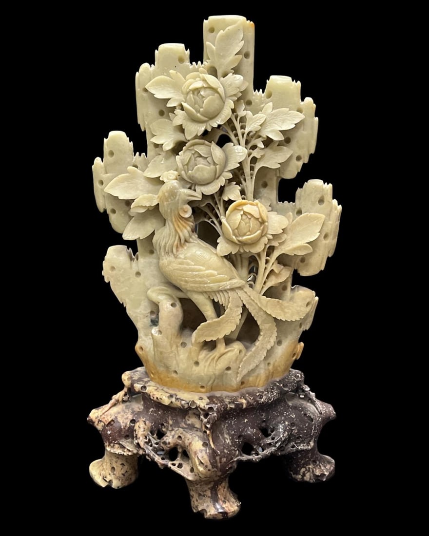 Chinese Carved Soapstone Vase Featuring Bird & Floral Motif (1 of 2)