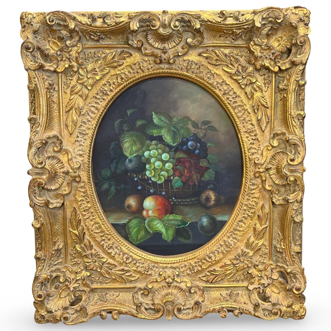 Old Master Style Oval Oil Painting on Canvas Still Life of Fruit on Carved Gilt Frame (1 of 3)