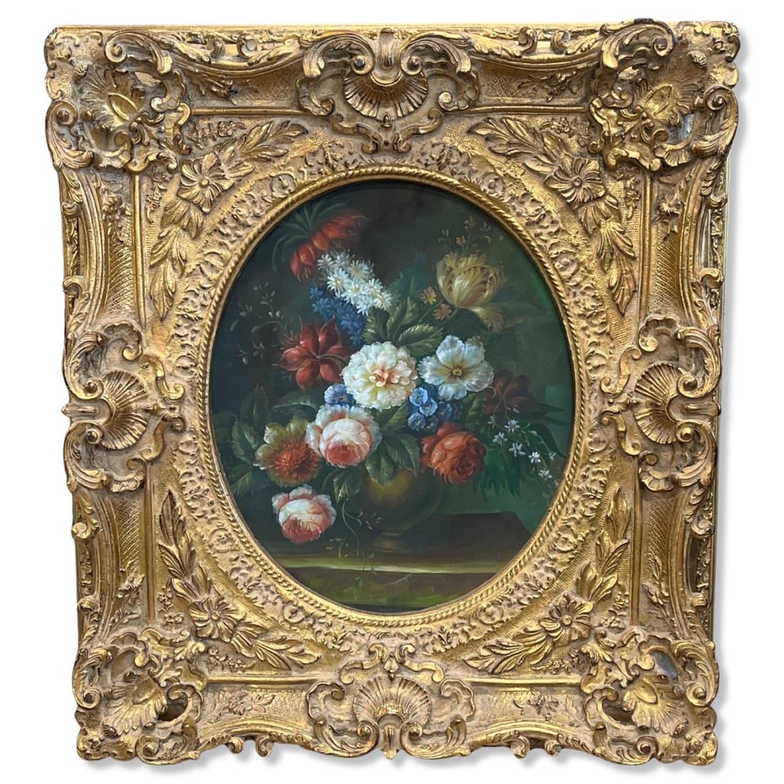 Old Master Style Oval Oil Painting on Canvas Still Life of Flowers on Carved Gilt Frame (1 of 3)