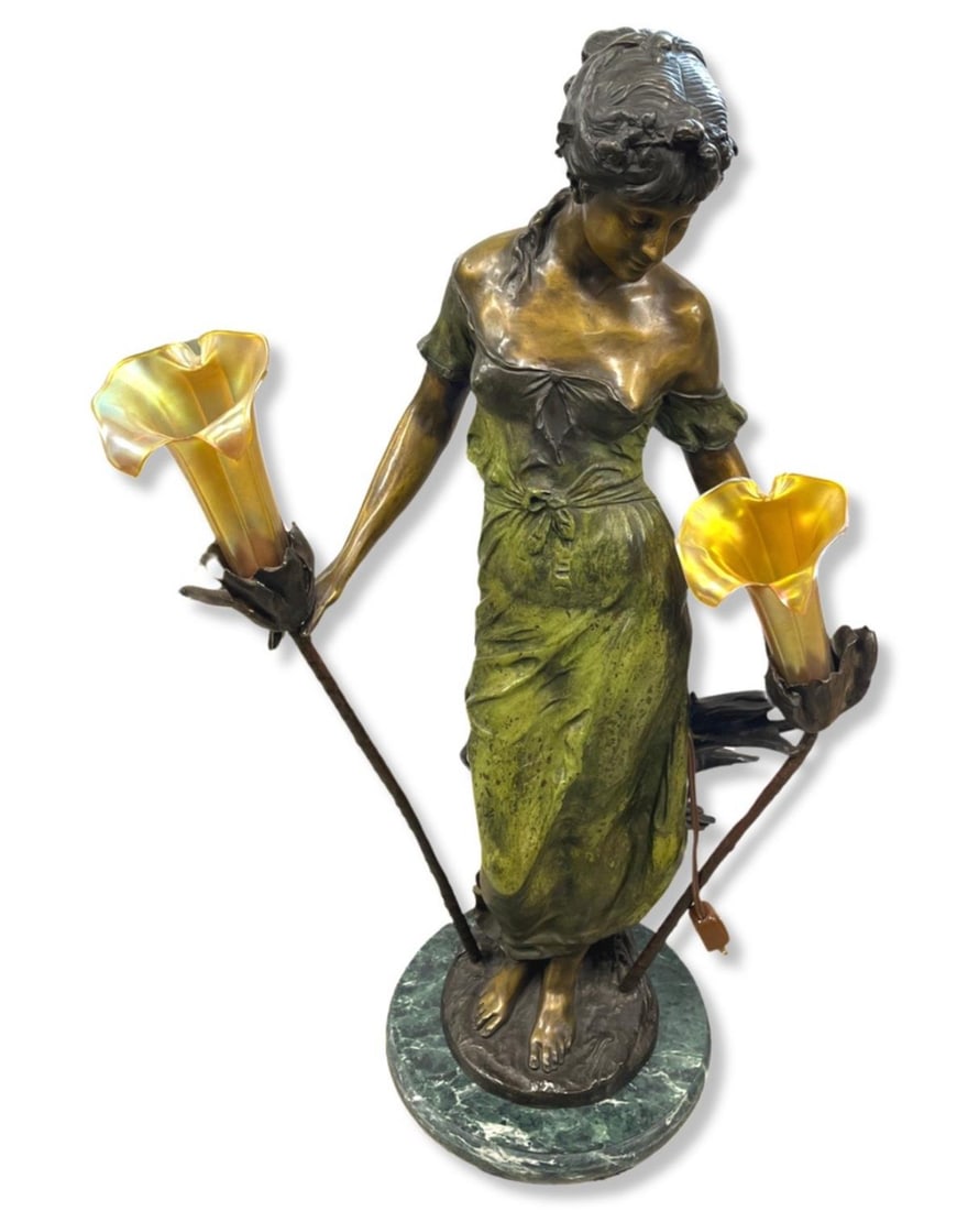 After Auguste Moreau (French, 1834-1917) Patinated Bronze Figural Lamp with Two Favrile Type Shades: After Auguste Moreau (French, 1834-1917) Patinated Bronze Figural Lamp with Two Favrile Type Shades measures H: 29"