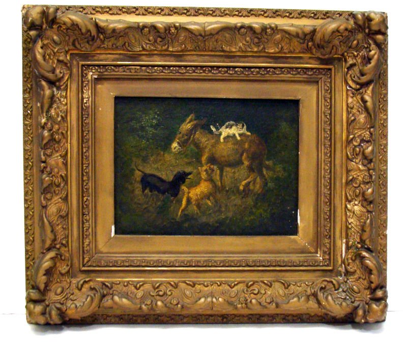 M.Jackson(British 19th.c) Painting On Board: M. Jackson(British 19th. C) Painting on board depicting a cat on a donkey surronded by barking dogs. Measures 8" x 6 1/8" in a 3 5/8" frame. For Domestic or International Shipping Quotes Please Feel C