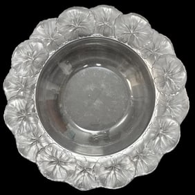 Signed Lalique Clear & Frosted Crystal Honfleur Floral Rimmed Bowl