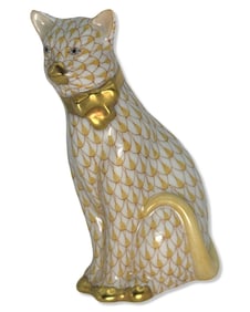Herend Hungary Hand Painted Yellow Fishnet Cat with Bow