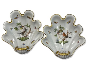 Pair of Herend Hungary Hand Painted Porcelain Rothschild Bird Large Shell Dishes