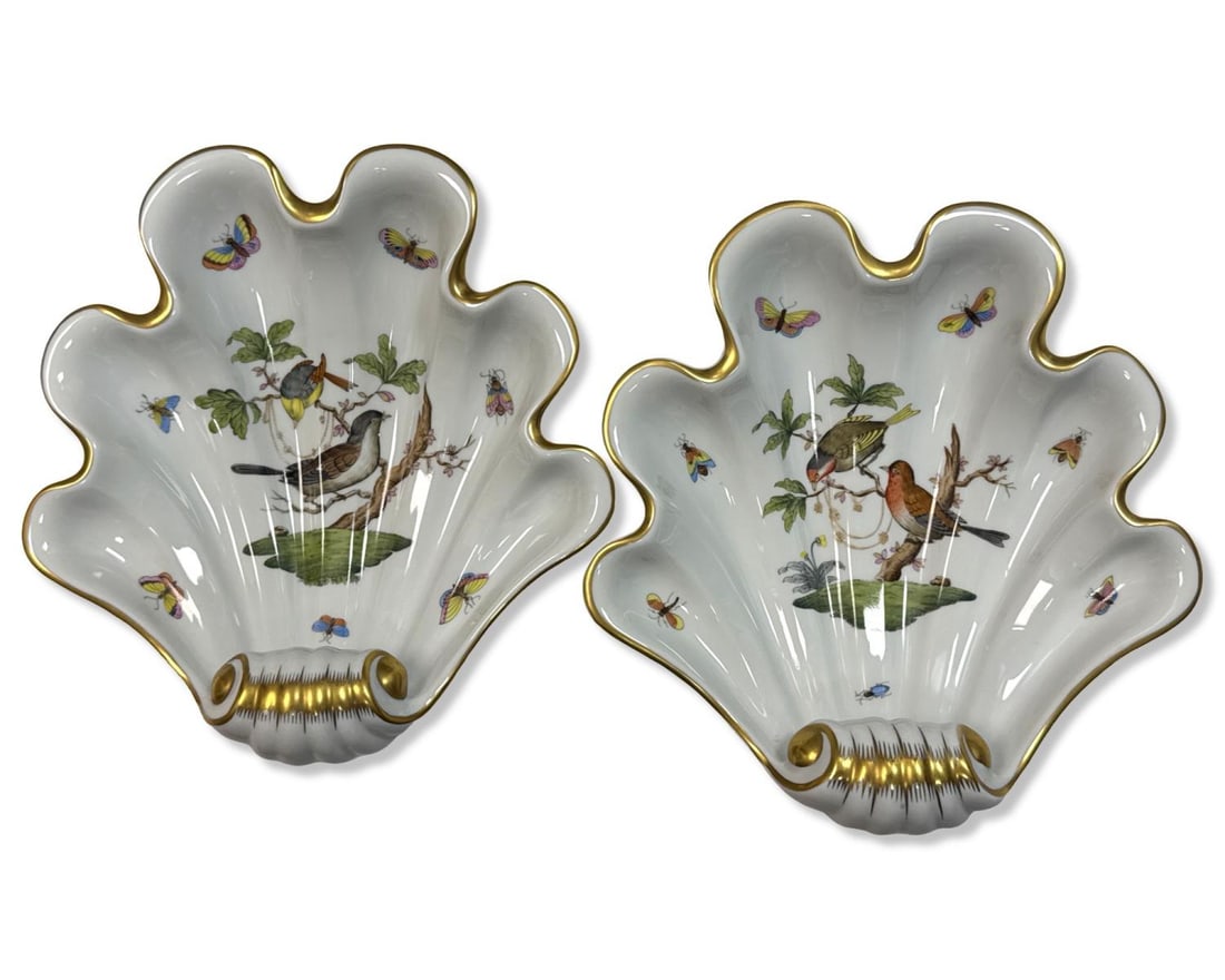 Pair of Herend Hungary Hand Painted Porcelain Rothschild Bird Large Shell Dishes (1 of 3)