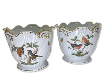 Pair of Herend Hungary Hand Painted Porcelain Rothschild Bird Cachepots
