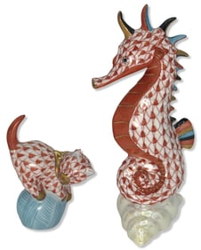 Lot of Two Herend Hungary Hand Painted Rust Fishnet Figurines