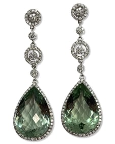 18kt WG, 39.92ct Green Amethyst, & 2.25ct Diamond Drop Earrings