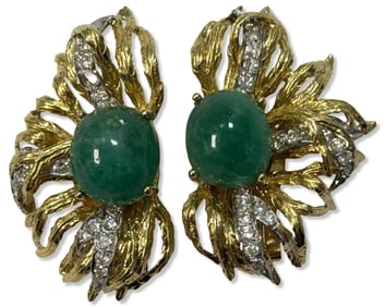 18kt YG, Diamond, & Carved Jade Clip-On Earrings
