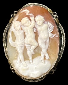14kt YG & Cameo Brooch Cherubs Dancing