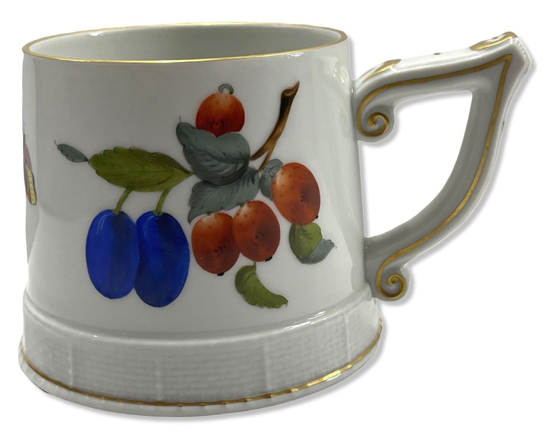 Herend Hungary Hand Painted Porcelain Fruit Mug with Hand Painted Fruit, Insects & Nuts and Gilt: Herend Hungary Hand Painted Porcelain Fruit Mug with Hand Painted Fruit, Insects & Nuts and Gilt Trim measures H: 3 1/2" x DIA: 5 3/8"