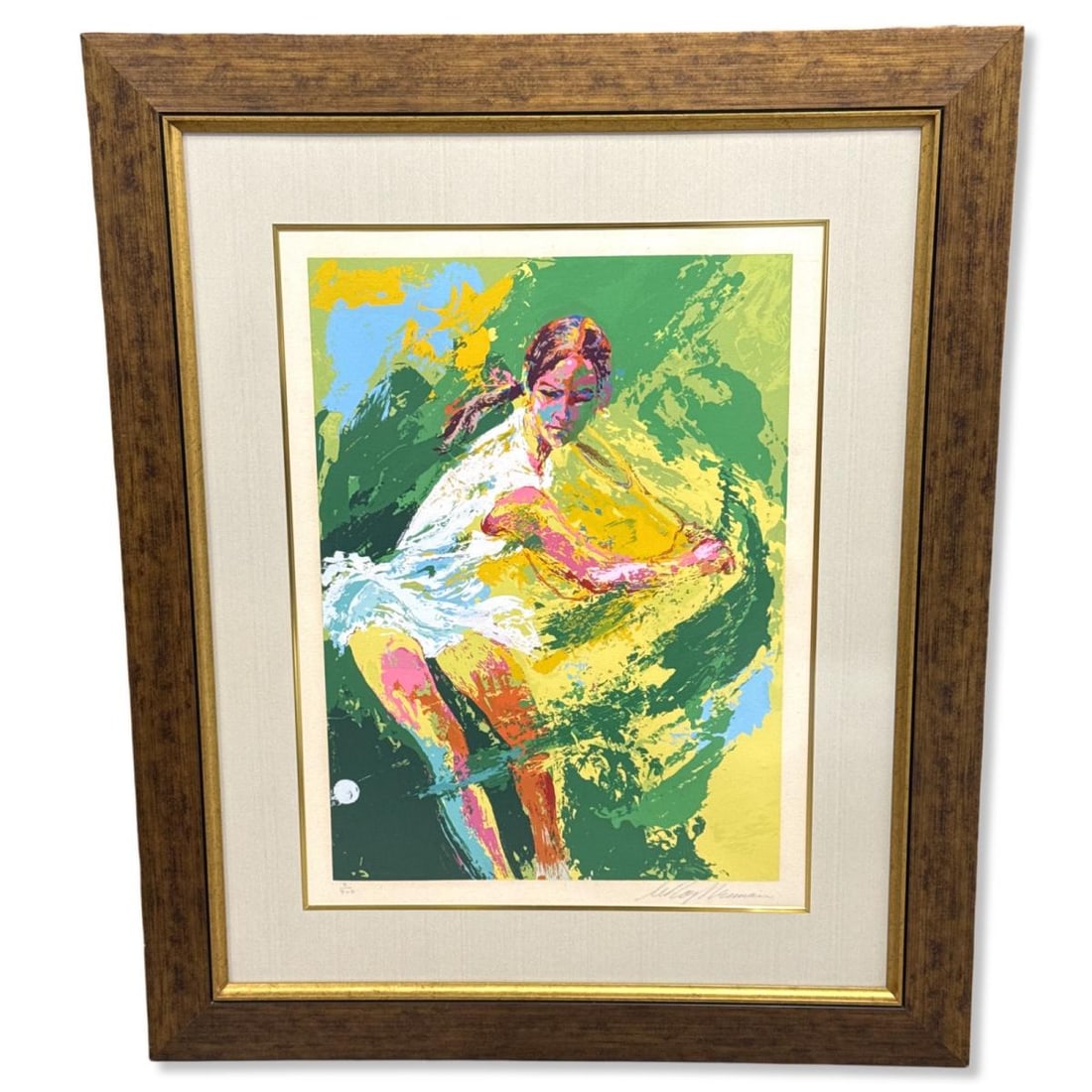 Signed Leroy Neiman (American, 1921-2012) Serigraph in Color Backhand Chris Evert: Signed Leroy Neiman (American, 1921-2012) Serigraph in Color Backhand Chris Evert. Signed lower right and numbered 3/300, measures H: 25 3/4" x W: 19 1/4", 6 1/2" frame & matte