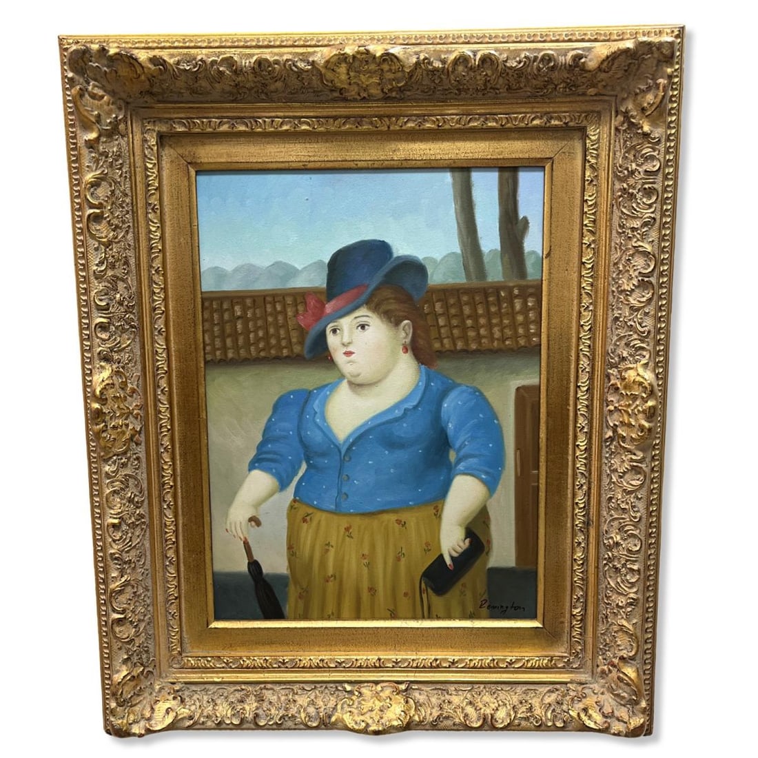 Signed Remington Oil Painting Botero Style Lady with an Umbrella (1 of 3)