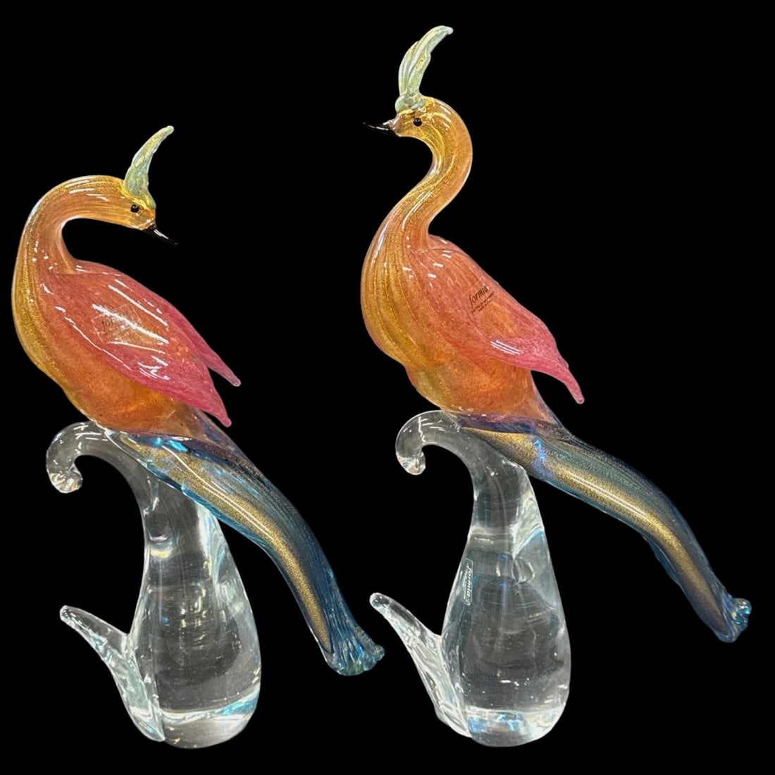 Pair of Vetri De Murano Formia Art Glass Bird Sculptures: Pair of Vetri De Murano Formia Art Glass Bird Sculptures. Largest measures H: 17 1/4" x W: 10"
