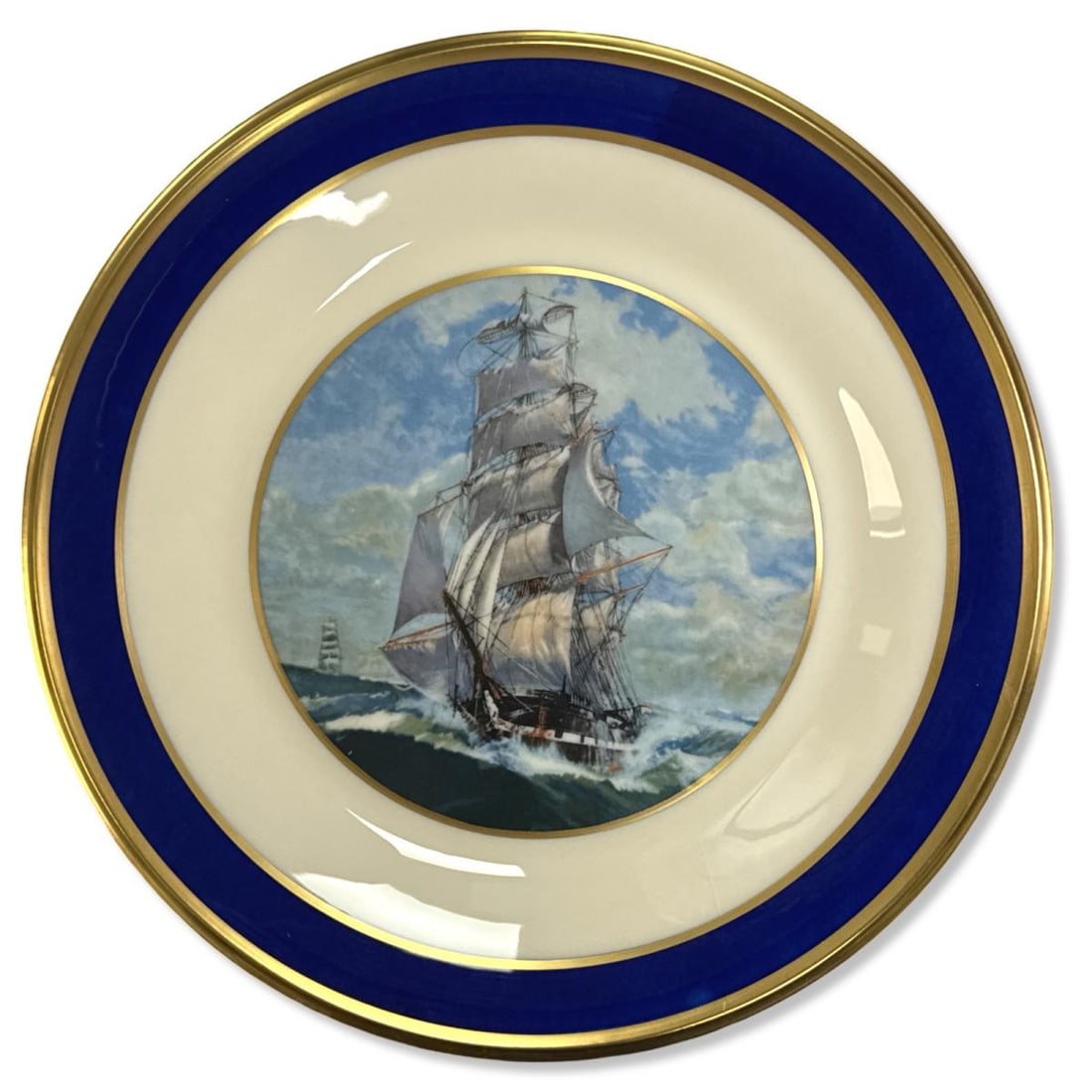 Lot of 12 Lenox Special Porcelain Cobalt Blue & Gold Trim Clipper Ship Dinner Plates (1 of 3)
