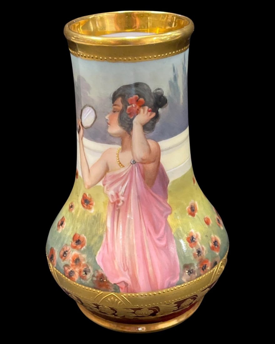 Royal Vienna Hand Painted Porcelain Portrait Vase with Gilt Enameled Decorations (1 of 3)