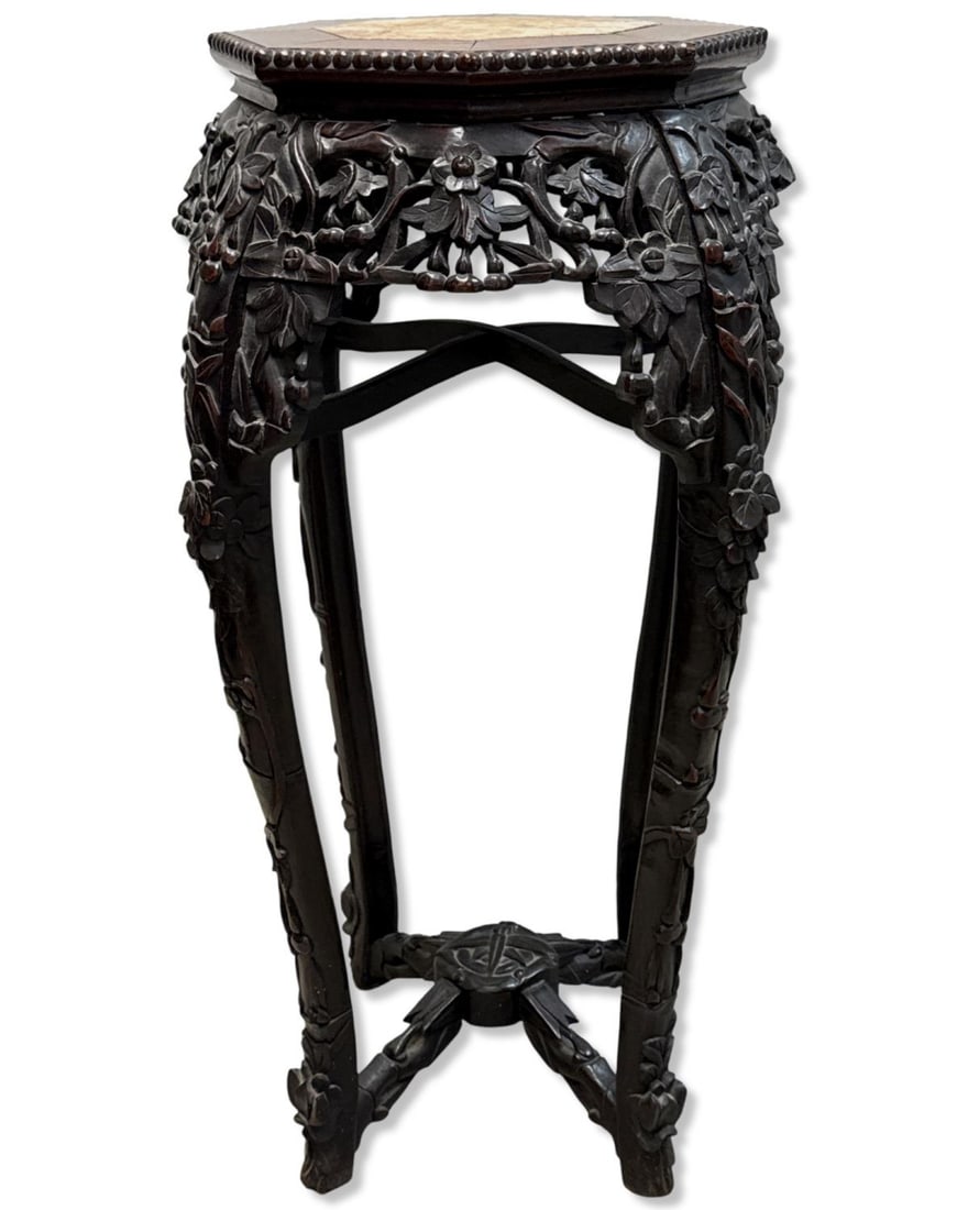 Chinese Teakwood & Marble Top Pedestal Stand: Chinese Teakwood & Marble Top Pedestal Stand measures H: 30 1/4" x W: 13 1/2"