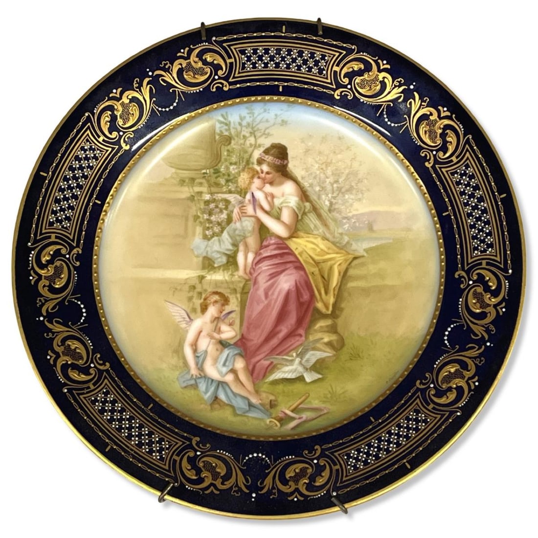 Royal Vienna Hand Painted Porcelain Plate Woman with Angels: Royal Vienna Hand Painted Porcelain Plate Woman with Angels measures DIA: 9 1/2"