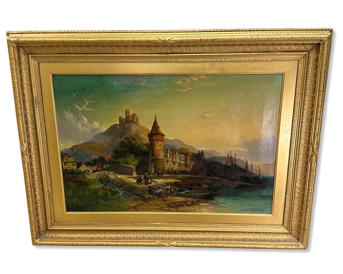 Signed W. Holland European? Oil Painting Village Scene: Signed W. Holland European? Oil Painting Village Scene. Signed lower right, measures H: 19 1/2" x W: 29 1/2", 5 1/2" frame