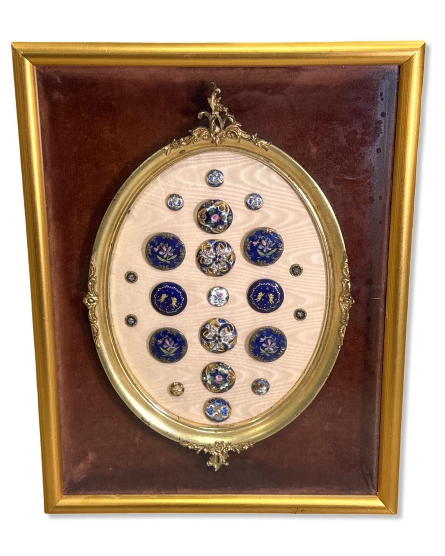 Antique French Champleve Enamel Round Miniatures Mounted in Shadow Frame (1 of 2)