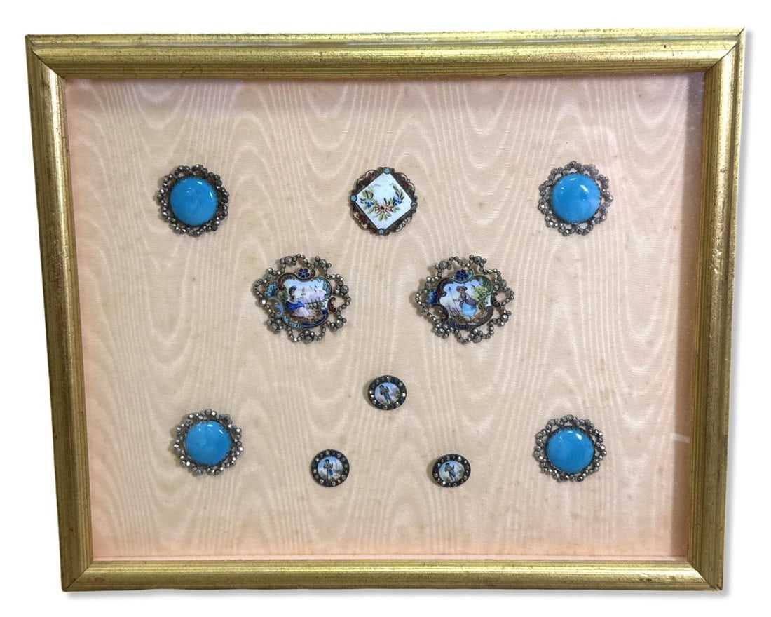 Antique European Champleve Enamel Miniature Set Mounted in Shadow Frame (1 of 2)