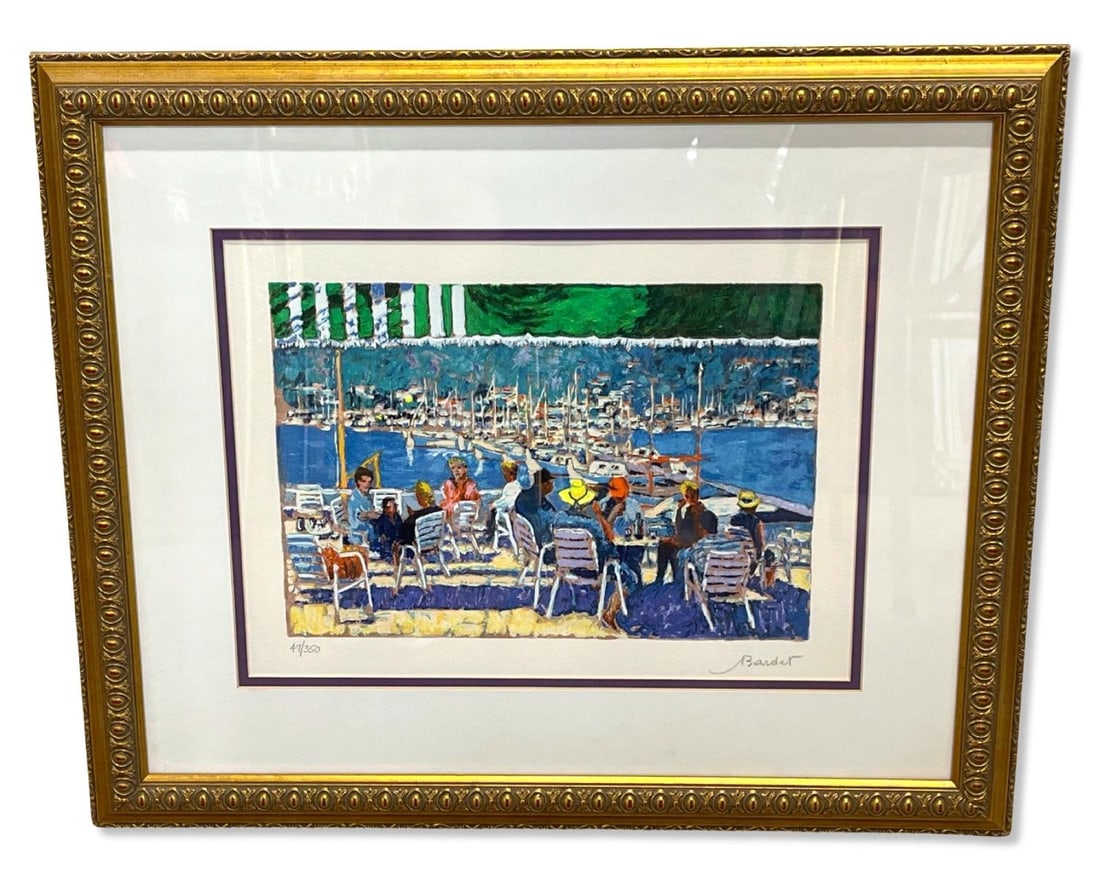 Signed Andre Bardet Limited Edition Serigraph in Color At The Marine: Signed Andre Bardet Limited Edition Serigraph in Color At The Marine. Signed and numbered 47/350, measures 11" x 15", 4" frame & matte