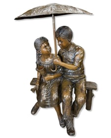 Modern Two Figure Palace Size Bronze Sculpture of Two Children Under an Umbrella with Original