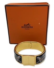 Hermes Gold & Enamel Horse Motif Bangle Bracelet with Original Box