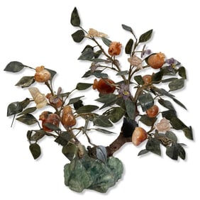 Antique Chinese Carved Jade & Carnelian Figural Bonsai Tree