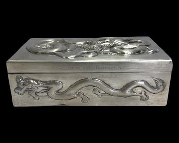 Chinese Sterling Silver Dragon Motif Humidor with Original Wooden Lining