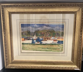 Signed Bernard Gussow (Russian, 1881-1957) Watercolor Painting Boats on River Scene