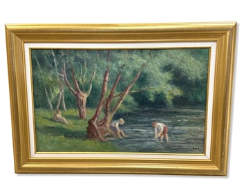 Signed Maximilien Luce (French, 1858-1941) Oil Painting on Canvas Figures on a Riverbank