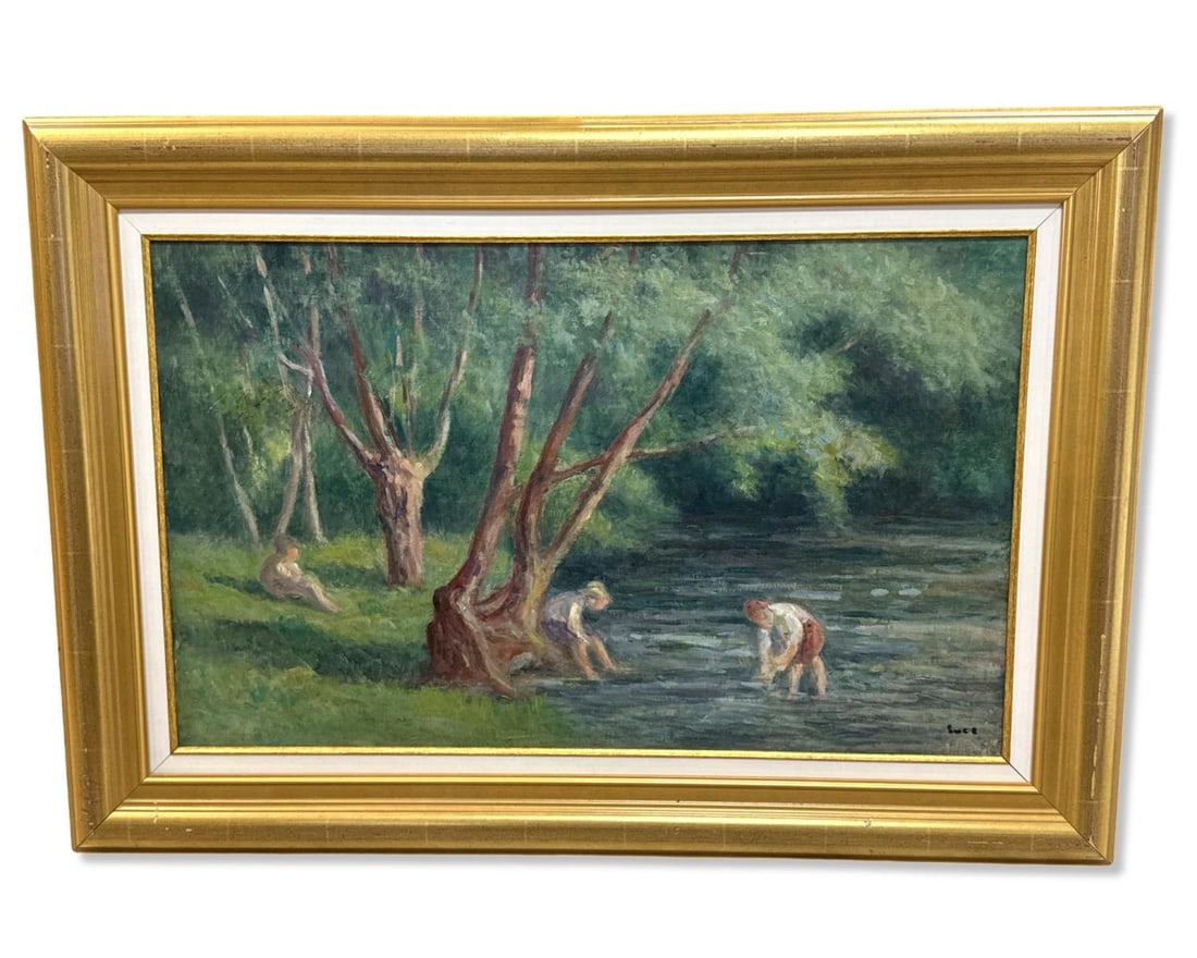 Signed Maximilien Luce (French, 1858-1941) Oil Painting on Canvas Figures on a Riverbank (1 of 7)