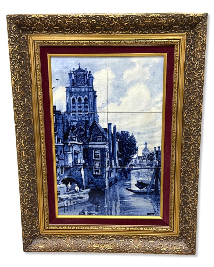 Signed Delft Distel Six Tile Blue and White Porcelain Framed Painting (1 of 3)