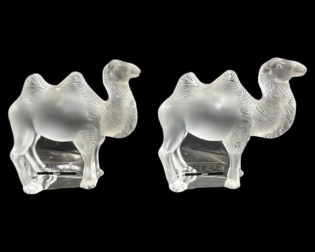 Pair of Lalique France Crystal Camel Chameau Tanger Figures: Pair of Lalique France Crystal Camel Chameau Tanger Figures measures H: 3 1/2" x W: 3 1/2"