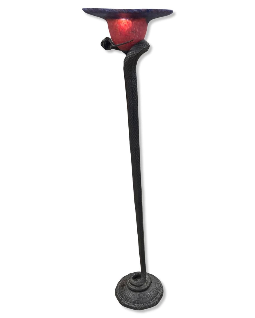 Edgar Brandt Style Bronze & French Art Glass Serpentine Motif Torchiere (1 of 4)