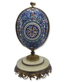 Reproduction Russian Enamel & Bronze Egg on Stand