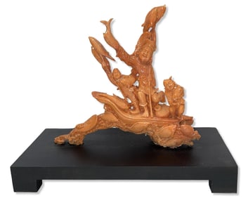 Fine Chinese Carved Coral Figural Group on Carved Wood Stand Depicting Three Immortals