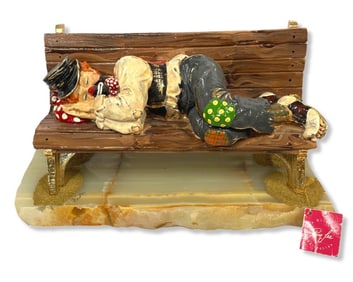 Signed Ron Lee Clown on Bench Sculpture