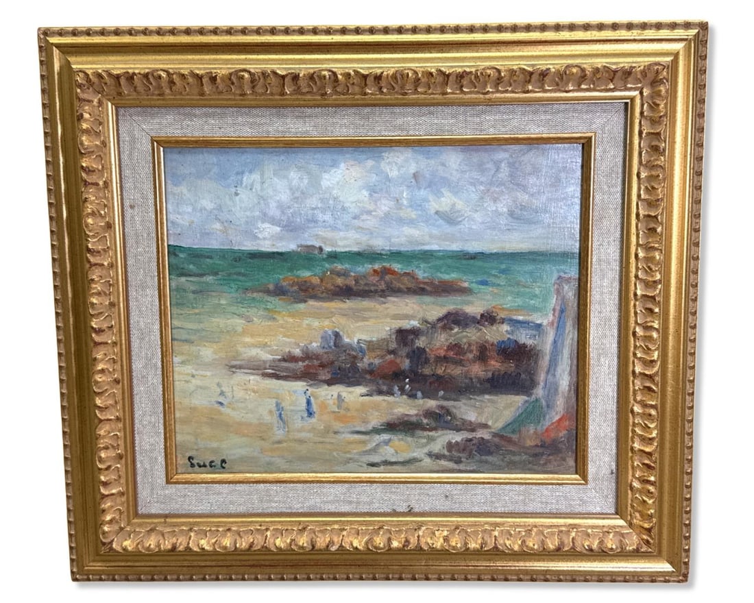Signed Maximilien Luce (French, 1858-1941) Oil Painting of a Beach Scene: Signed Maximilien Luce (French, 1858-1941) Oil Painting of a Beach Scene. Signed lower left, measures H: 8 1/8" x W: 10", 3" frame & matte
