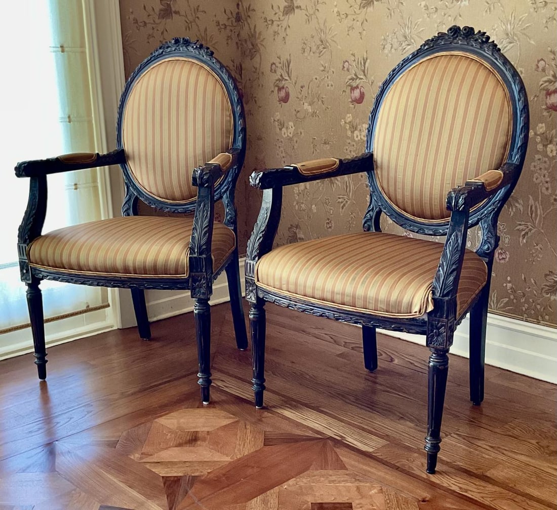 Pair of Louis XV Carved Arm Chairs: Pair of Louis XV Carved Arm Chairs measures H: 39"