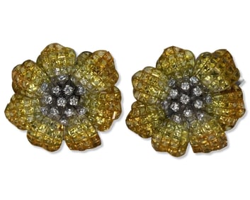 18kt WG, 1.20ct Diamond, & 35.20 Yellow Sapphire Flower Earrings