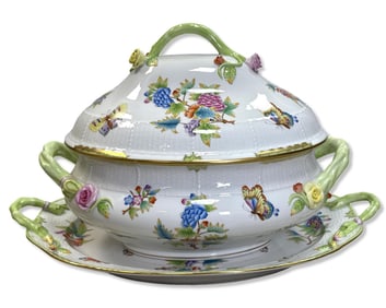 Herend Hungary Handpainted Queen Victoria Lidded Tureen & Oval Serving Plate