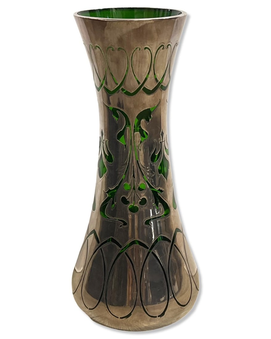 Loetz? Art Nouveau Silver Overlay Green Glass Vase: Loetz? Art Nouveau Silver Overlay Green Glass Vase measures H: 12 1/4". Lot has a crack on bottom, sold as is